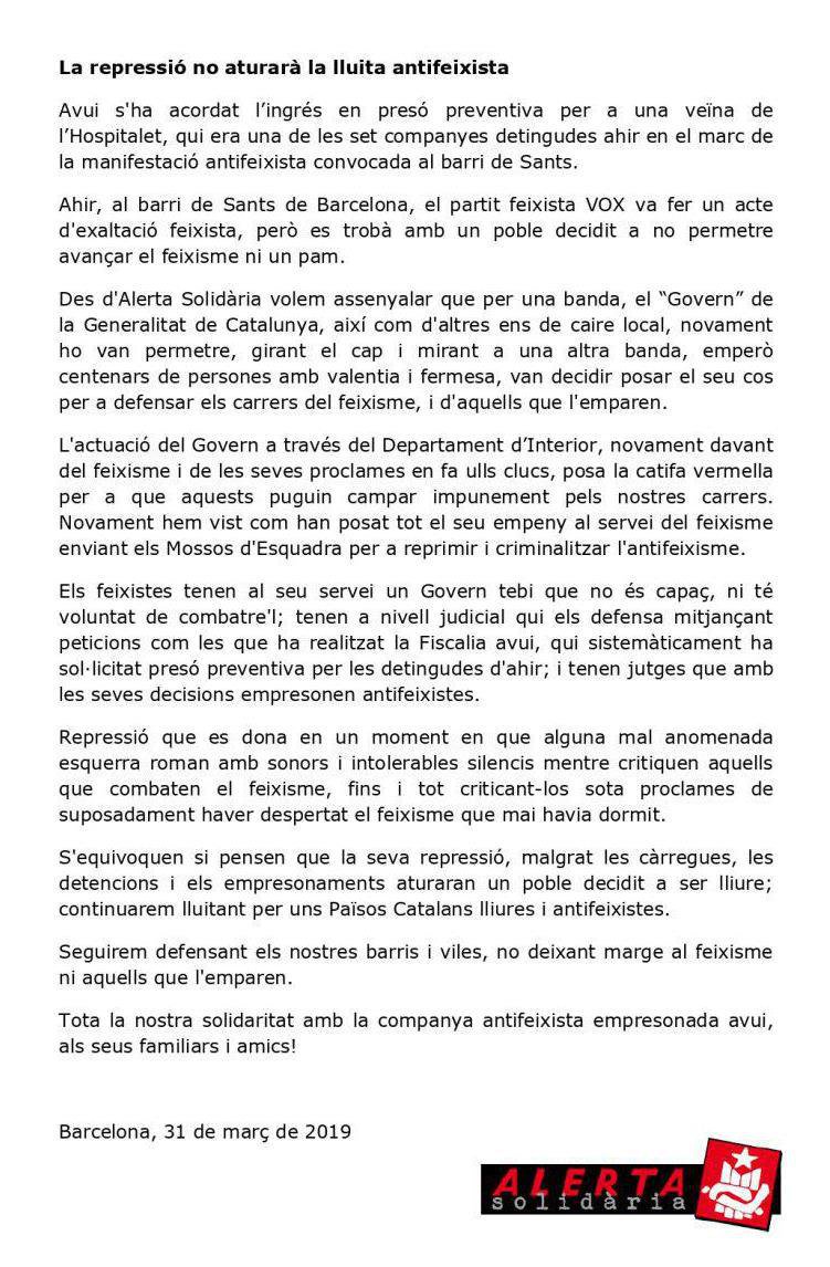 CDR_LaRoca's tweet photo. Manifestar-se contra el feixisme, no és delicte. Ni una presa política més. Llibertat  per la companya detinguda dissabte en les protestes antifeixistes de dissabte i empresonada ahir per la fiscalia. https://t.co/rgqQIEgqGH