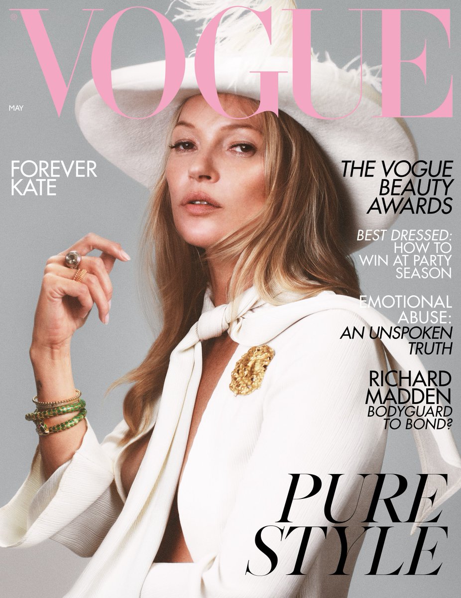 BritishVogue's tweet photo. Contributing editor #KateMoss stars on 3 special covers for the May 2019 issue, on newsstands 5 April. @KateMossAgency photographed by Mikael Jansson, styled by Kate Phelan, hair by Anthony Turner, make-up by Lynsey Alexander and nails by Lorraine Griffin https://t.co/jBCufGs8BN https://t.co/QhAduJGsRh