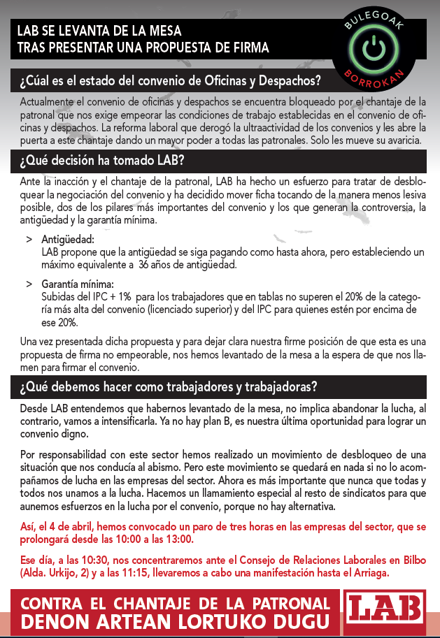LAB_informatika's tweet photo. Lectura que hacemos en el convenio de Oficinas y despachos de Bizkaia por parte de LAB: https://t.co/LwWwL9hZUQ