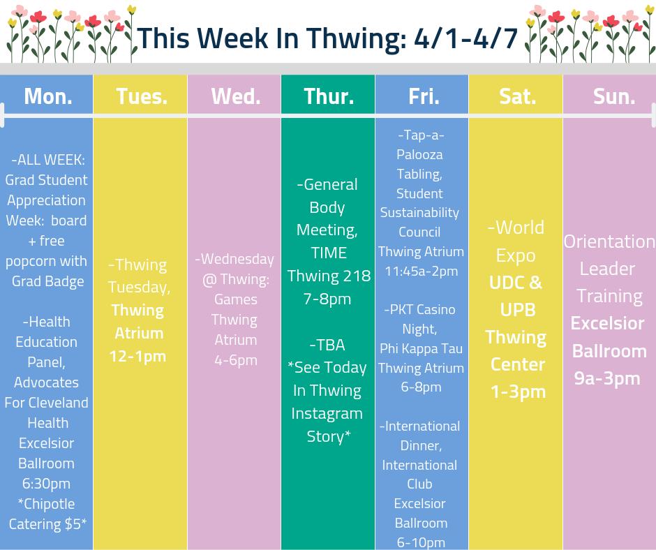 Not The Ideal Weather For April, But, It Is Nice &amp; Warm In #ThwingCenter With Student Groups Bringing The Heat With Great Programs Like World Expo and The International Dinner! Also, Happy Grad Student Appreciation Week, Grads Come In &amp; Get Free Popcorn W/ Your Badge #CWRU