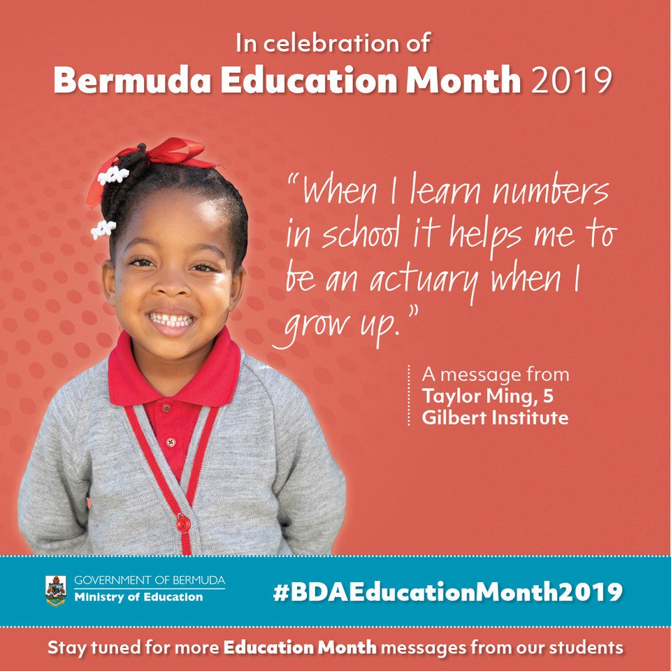 BdaGovernment's tweet photo. It's #BDAEducationMonth2019 and Taylor Ming wants you to know how learning helps her to achieve her future goals. Stay tuned all month long for additional quotes from our students and more! #MinistryofEducation #BermudaSchools #Bermuda https://t.co/KrMnSTBaxf