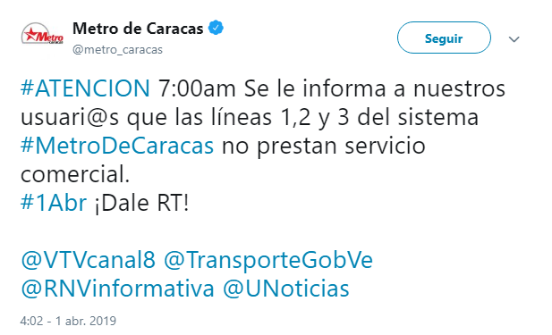VPITV's tweet photo. #1Abr El Metro de Caracas informó que las líneas 1, 2 y 3 no prestarán servicio. Asimismo dieron a conocer que el sistema de Metrobús reactivará su ruta tras el apagón. https://t.co/OOy6ThAppL