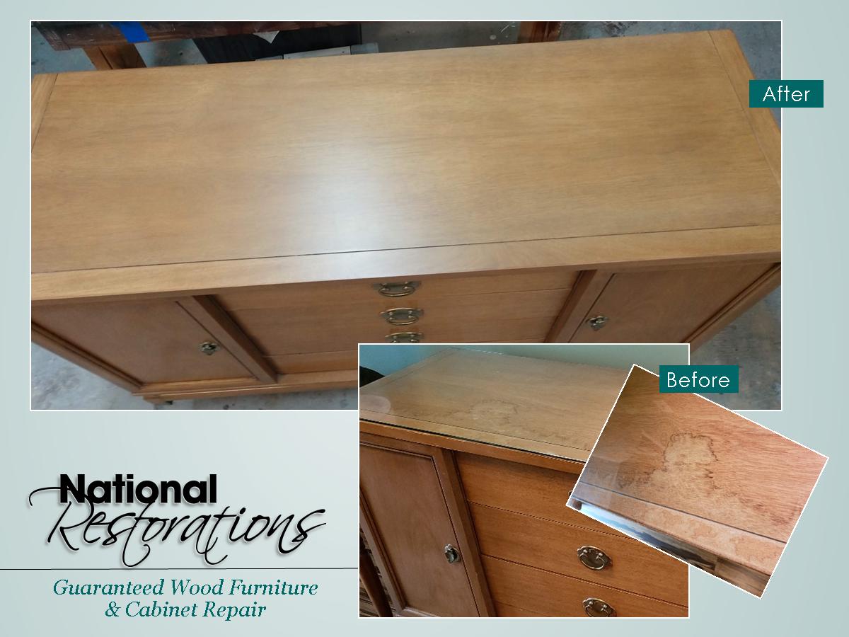 ThinkRestore's tweet image. A roof leak caused staining and discoloration to the top of this mid-century antique buffet. After stripping and refinishing it's back to its original luster!