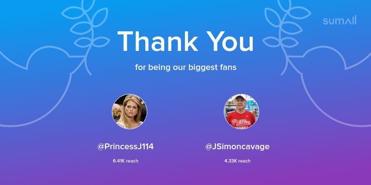 Our biggest fans this week: @PrincessJ114, <a href="/JSimoncavage/">James Simoncavage</a>. Thank you! via sumall.com/thankyou?utm_s…