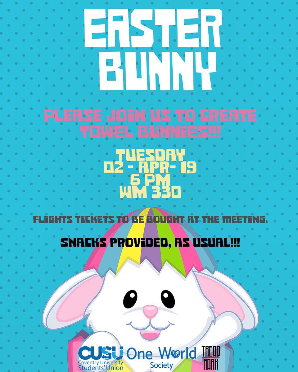 oneworld_cusu's tweet photo. EASTER BUNNY
Tuesday
02- Apr-19
WM330
We will be purchasing the flight tickets for the trip so don’t miss out!
See you all there!
#cusu #oneworldcusu https://t.co/k9t4JJFc7J