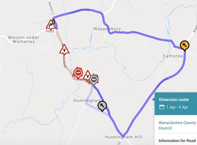 HunninghamLion's tweet photo. Hi All, please be aware that @Warwickshire_CC is currently completing #maintenance on the #Hunningham #Bridge from the 1st-5th April meaning the road is #closed. See below the diverted route. If you have any questions please drop us a message. #LeamingtonSpa #WCC #Warwickshire https://t.co/6w5cHiC2Gf