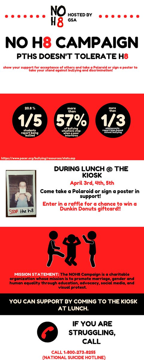 Teachers and students!! Come during lunch in the Kiosk Wednesday, Thursday, and Friday to take a Polaroid/sign a poster to take your stand against hate! You are automatically entered in a raffle for a DD gift card!