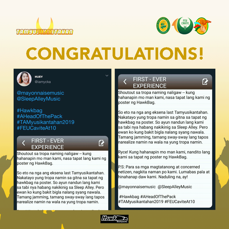FEUCaviteSC's tweet photo. Congratulations to our Hawkbag winner!

We will send you a message on how you can claim your prize. Thank you for joining our contest.

#Hawkbag #AHeadOfThePack #TAMyusikantahan2019 #FEUCaviteAt10 https://t.co/3jC9UcABh3
