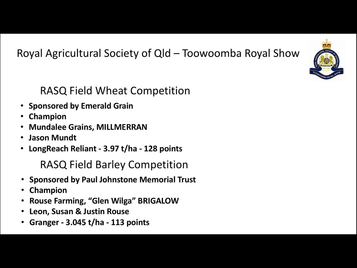 Congratulations to the RASQ Field Wheat and Barley winners