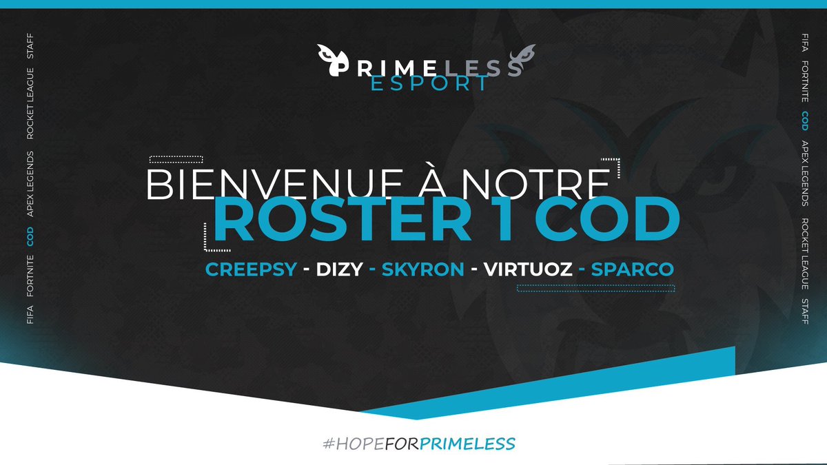 PrimeLessFR's tweet photo. Bienvenue à notre roster 1 COD !
Actuellement en phase de test ils nous représenteront cette semaine pour le tournoi de @Elysium_group / @JaycolOfficiel
Composition 👇🏻
@Creepsy_IOD
@Rqm_Seiky
@Call_Me_Skyron
@ViRtuoZ_Anthony
@SparcoTK
Courage à eux 💪🏻
#HopeForPrimeLess https://t.co/lYW5faXMXQ