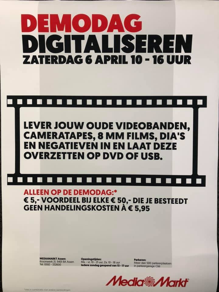 MediaMarktAssen's tweet photo. Zaterdag 6 april van 10:00u - 16:00u Demodag bij Media Markt Assen. Lever uw oude videobanden, cameratapes, 8mm films, dia’s en negatieven in en laat deze overzetten op DVD of USB. https://t.co/4fXZhhh8qO