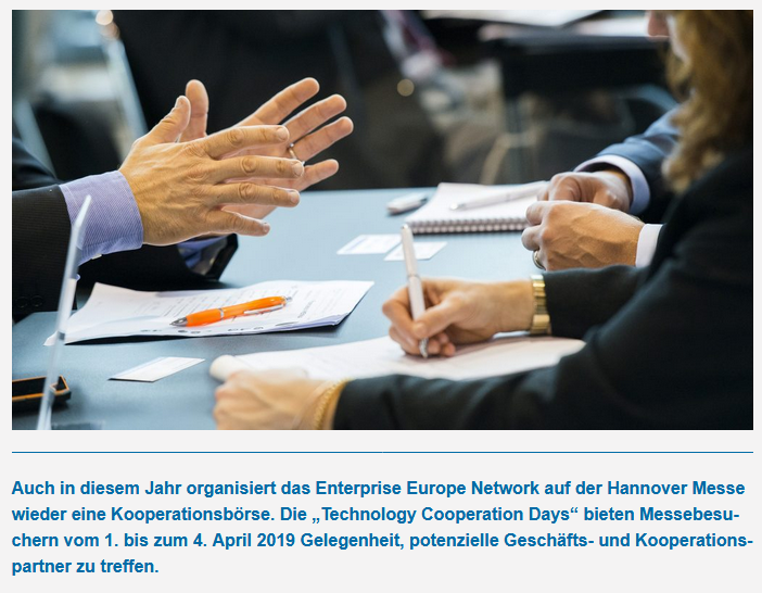 NRWEuropa's tweet photo. @nbank_de @NiedersachsenME @EEN_NDS Das #EEN ist mit 600 Unternehmen und Partnern auf der @Hannover_Messe. Treffen Sie EEN-Kollegen bei den #TechnologyCooperationDays für #B2B-Gespräche  zwischen innovativen Unternehmen und F&amp;E-Partnern. #EENCanHelp  @EEN_Deutschland #HM19 @ZENITGmbH @NRW_weltweit https://t.co/CeKoKMgU3X