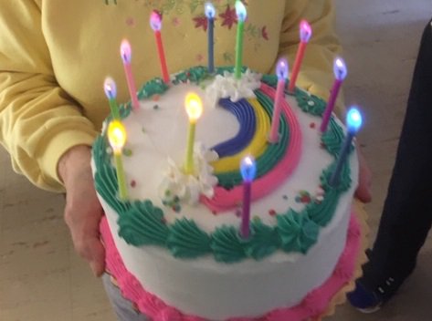 OSBBristowVA's tweet photo. Our S. Mary Leo Wirt will be 94 tomorrow. Her niece gave us all a party yesterday w/Sister's favorite #chickenwings, topped off by a cake with candles whose flames matched their color. #happybirthday #94strong https://t.co/G8EwvneKpY