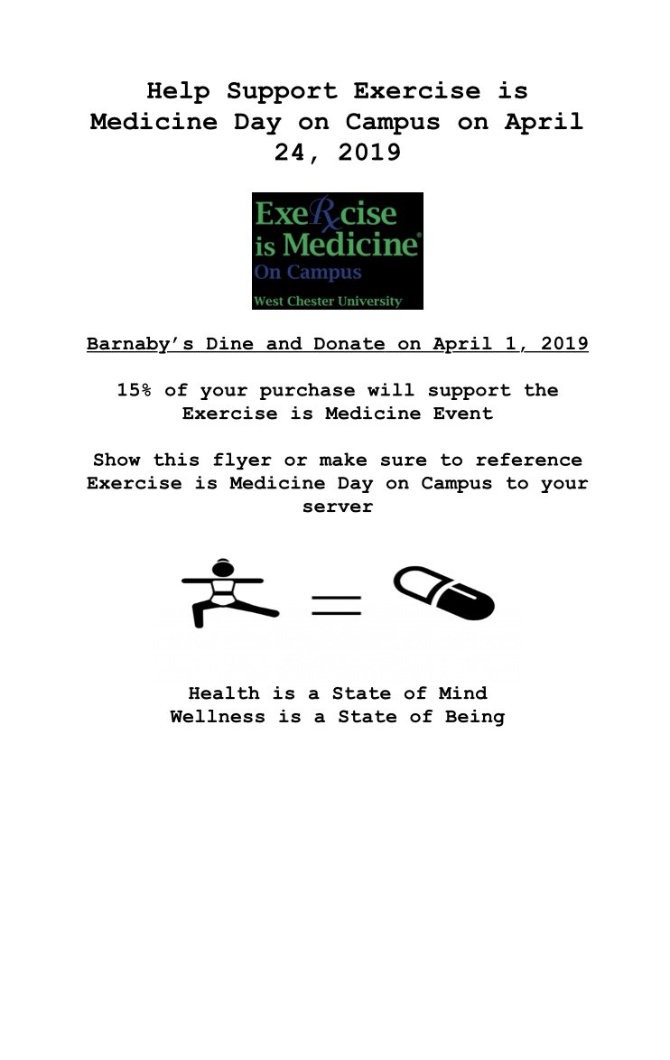WCUHSFC's tweet photo. Fundraiser Alert!! 🗣️🗣️

Grab your crew and head down to Barnaby's today for the Exercise is Medicine dine and donate, 15% of the cost of your order will support an awesome event! 

Make sure to bring the flyer with you or mention to your server you're there for the fundraiser! https://t.co/sYmVoKwleb