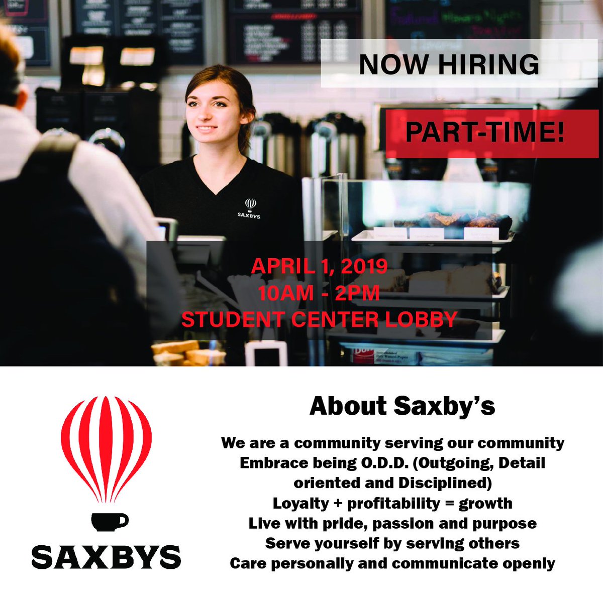 BowieCdc's tweet photo. Saxby’s is a hospitality company fueled by great coffee and great people. We are looking for outgoing, detail-oriented, and disciplined (or O.D.D., as we call it) people to join our team on all levels. Learn more about opportunities available today in the Student Center Lobby. https://t.co/G4J2VW429q