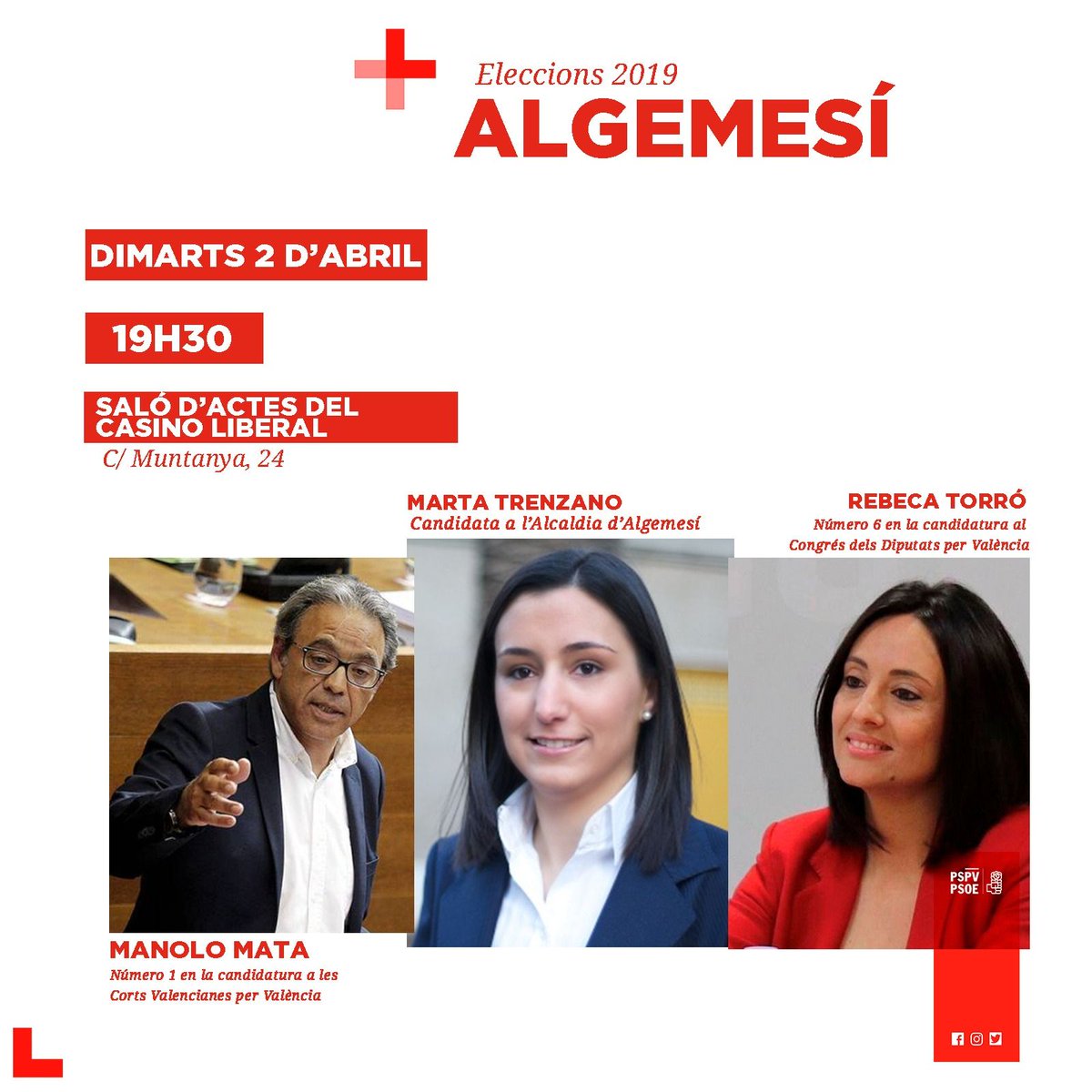 pspvalgemesi's tweet photo. 🌷 Demà tens una encontre important. Manolo Mata, Rebecca Torró i Marta Trenzano, estaran presents a la Sala d'Actes Casino Liberal a 19h30 per a taular un bon debat amb tu. Per una Espanya, un País Valencià i un Algemesí millor. Junts som millors per la terra que vols i estimes. https://t.co/1EiViLbgED