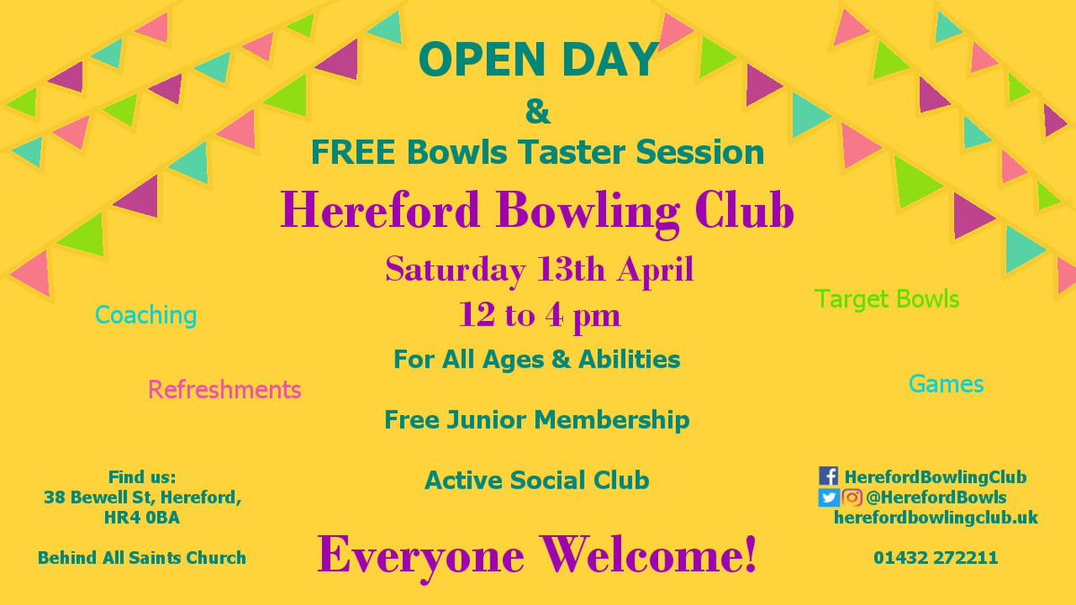HerefordBowls's tweet photo. EVENT| FREE Lawn Bowls Taster Sessions & Open Day - Sat 13th April 12 - 4pm - All ages & abilities, coaching provided. Try this fun, social, inclusive sport. #trybowls #playbowls #Hereford #Herefordshire #HerefordHour #GetInspired #activehere https://t.co/XuZdXSWqki