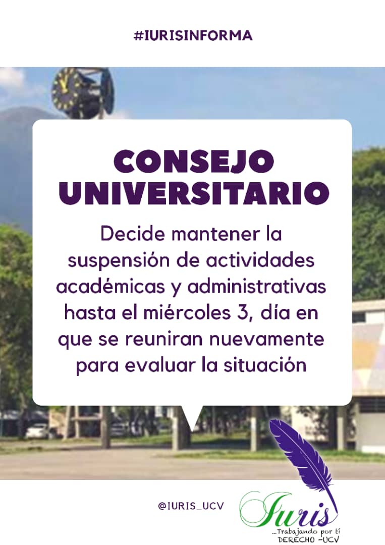 Consejo Universitario de la #UCV decide mantener la suspensión de actividades. Se reunirán el próximo miércoles para reevaluar condiciones.