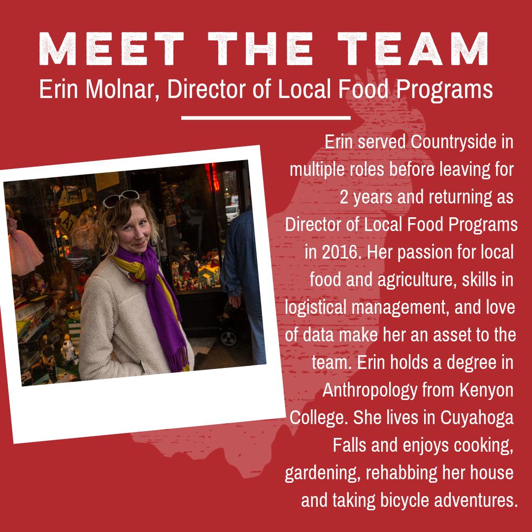 It's #MeetTheStaffMonday! Erin is our Director of Local Food Programs - she oversees management of our farmers' markets and is the brains behind Countryside's food access work. In short, she's a local food superhero!