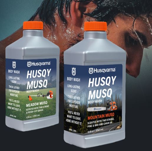 Do you love the smell of two-stroke in the morning? Wear it all day with our new Husqy Musq body wash. 
Available in two scents. Mountain Musq – two-stroke with notes of pine and bar and chain oil, and Meadow Musq – two-stroke with notes of fresh-cut grass.