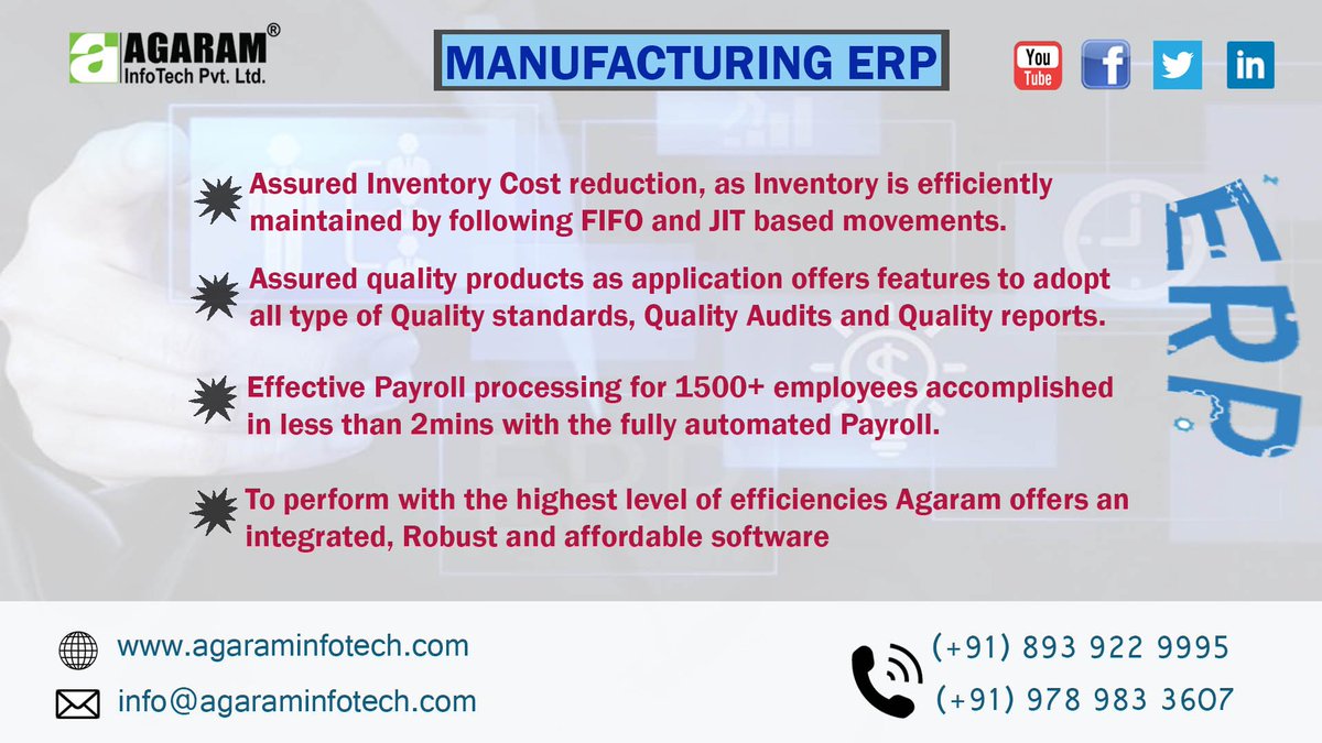 AgaramInfoTech's tweet image. Manufacturing industries face newer challenges and evolving business environment every quarter. To perform with the highest level of efficiencies Agaram offers an integrated, Robust and affordable software, AgES - ERP.
#ERP #software #AgaramInfoTech #AgES