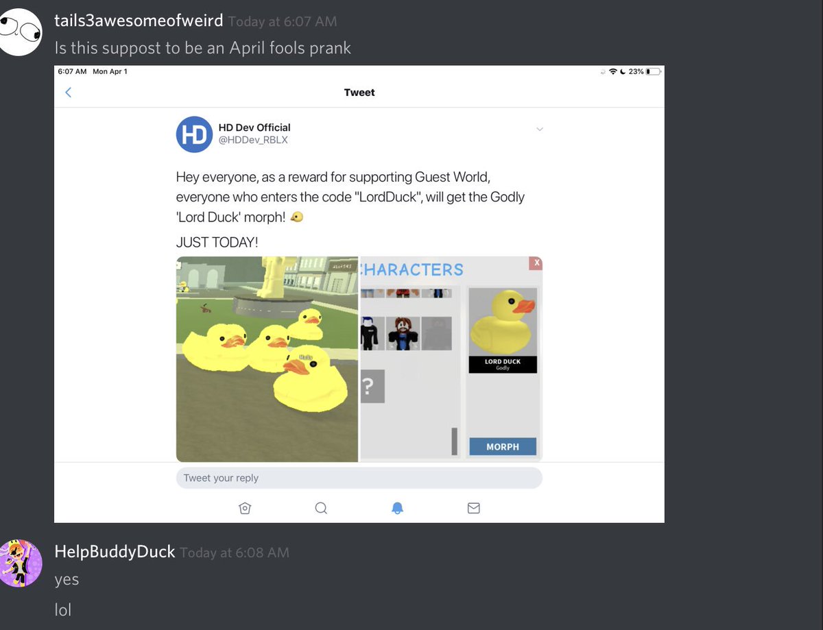 Hd Team On Twitter Hey Everyone As A Reward For Supporting Guest World Everyone Who Enters The Code Lordduck Will Get The Godly Lord Duck Morph Just Today Https T Co Yxhpg1hyar - guest world roblox the code vault