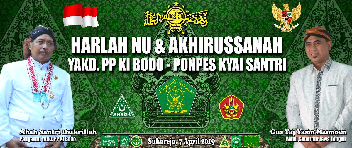 Assalamu'alaikum....
Hadiri...!!! Harlah NU &amp; Akhirussanah Ponpes Kyai Santri - Sukorejo - Kendal - Jawa Tengah...Ahad 7 April 2019. 
1.Jam 09.00 wib : Kirab Merah Putih - Istighotsah Al Karomah. 
2. Jam 13.00 wib : Maulidurrosul -Pengajian : Gus Taj Yasin Maimoen ( Wagub Jateng)