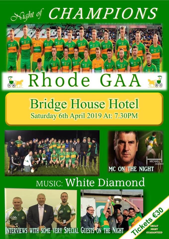 RhodeGAA's tweet photo. A Night of Champions Tickets .  
get your tickets €30 for a great night Tonight Thursday from 8pm to 9:30pm Killeens Lounge. Or contact Declan Gorman on (086) 383 4232
a bus will be traveling from the village to book seats call or text Mary Hannon on (087) 642 6364. https://t.co/QlusCGZeFQ