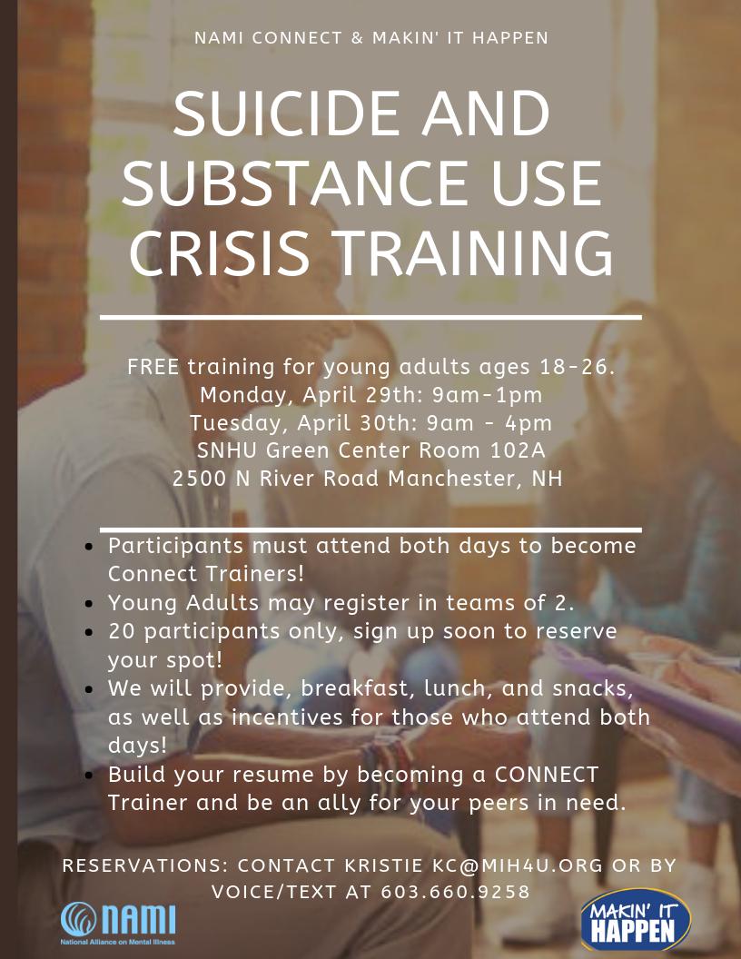 MakinitHappenGM's tweet photo. Limited space for this great, FREE train-the-trainer event for young adults (18-25), facilitated by @NAMI_NH! Sign up today! https://t.co/3DJ66YHUrR