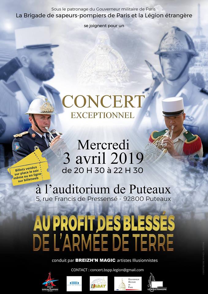 #ConcertSolidaire Mercredi 3 avril, les Musiques de la BSPP et de la Légion étrangère donneront un concert exceptionnel au profit des blessés de l'armée de Terre à <a href="/villedeputeaux/">Ville de Puteaux</a> Infos et résa 👉 bit.ly/2OBR2be
