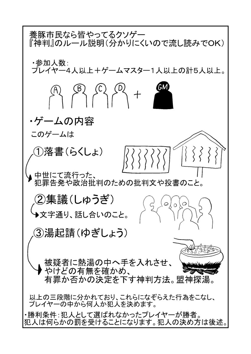 養豚市の伝統芸能、『神判』の紹介です。私たち養豚市民は、この遊びを本気で楽しいと思いながらプレイしますが、市外の人々からは軽蔑の目で見られがちです。かなしい・・・。 