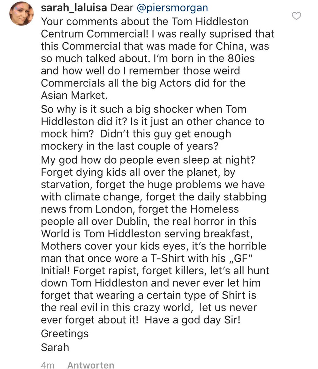 LuisaLefaiy's tweet photo. That‘s for all those so called „professional“ writers, having so much opportunity to spread important news in the world, but still choose to „online bully“ @twhiddleston #tomhiddleston #CentrumUS #centrum #news #piersmorgan #monday https://t.co/5Igx0ZkSxe