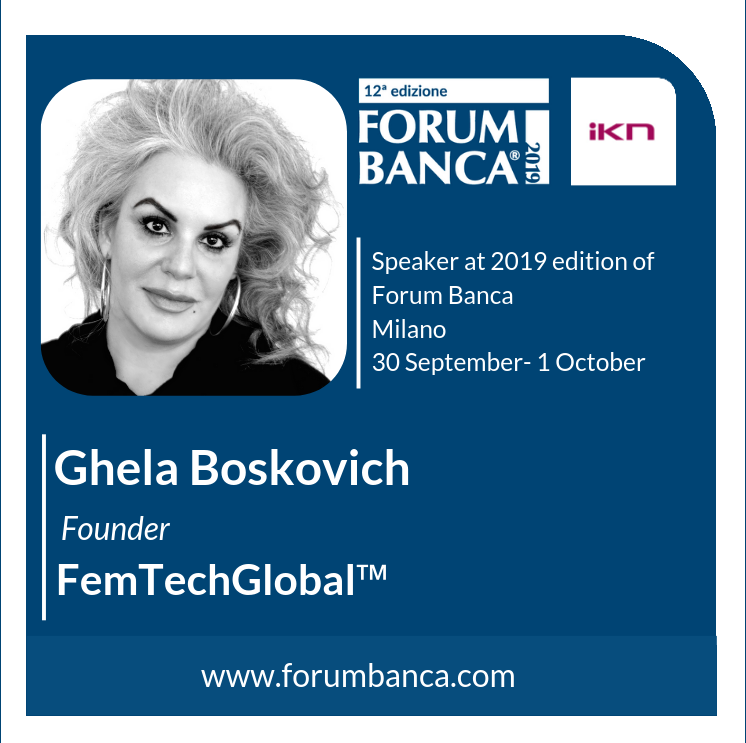 For the first time in Italy we are pleased to welcome <a href="/GhelaBoskovich/">Ghela Boskovich</a>, Founder <a href="/FemTechGlobal/">FemTechGlobal</a> at #FintechSmartVillage, co-located with #ForumBanca 2019.
Meet Ghela at #forumbanca 2019: forumbanca.com