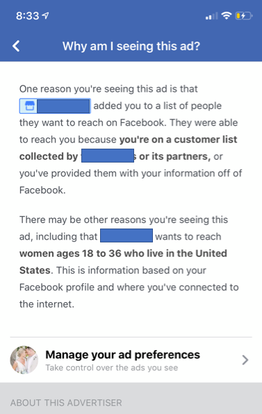 wheelhouselaura's tweet photo. #Social #Advertisers: Gentle reminder that @facebook's new "Why am I seeing this ad" feature makes it REALLY, REALLY important that you're refreshing customer lists regularly to exclude #Unsubscribers. Also make sure your lists are truly #firstpartydata! #Facebook #Ads https://t.co/ikiCZ2r2fK