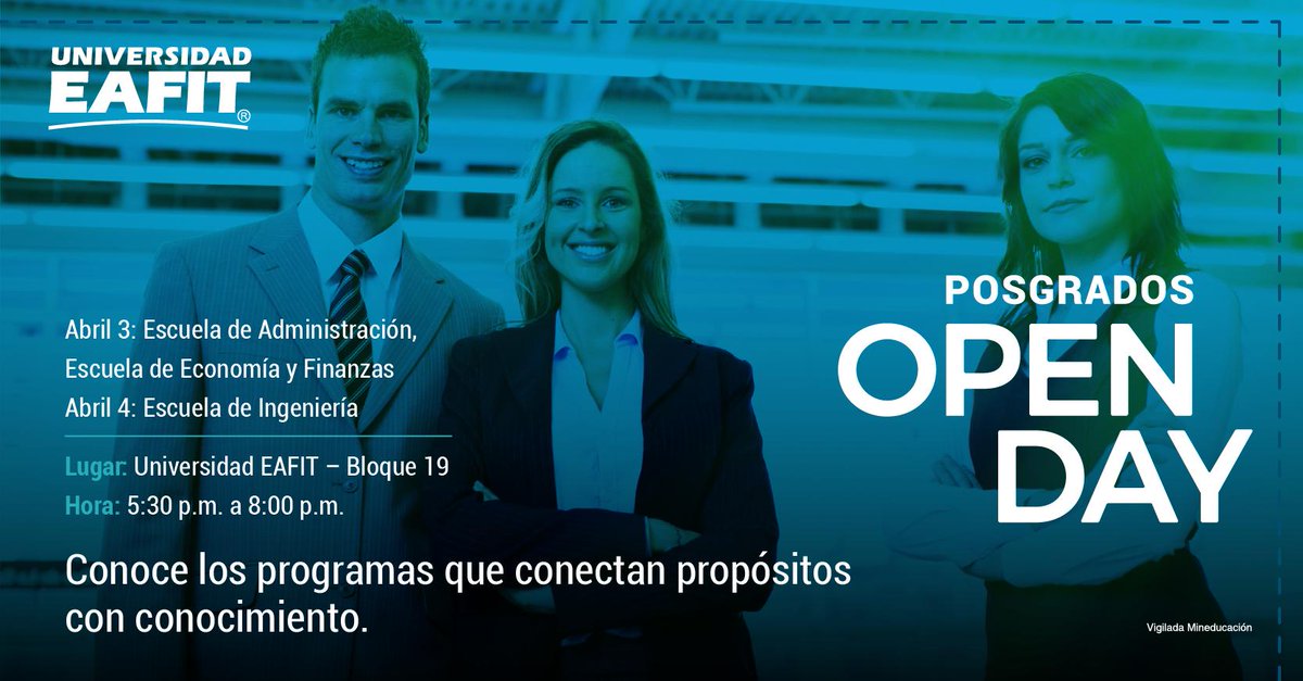 EAFITSocial's tweet photo. ¡Asiste a nuestro #OPENDAY Posgrados! Tendremos charlas de las Escuelas el 3 y 4 de abril, donde compartiremos saberes que te ayudarán a enfrentar los retos de las nuevas industrias. Una oportunidad que te ayudará a tomar decisiones, pre inscríbete en: https://t.co/N9uniiT3vn https://t.co/EjGmBapCRX