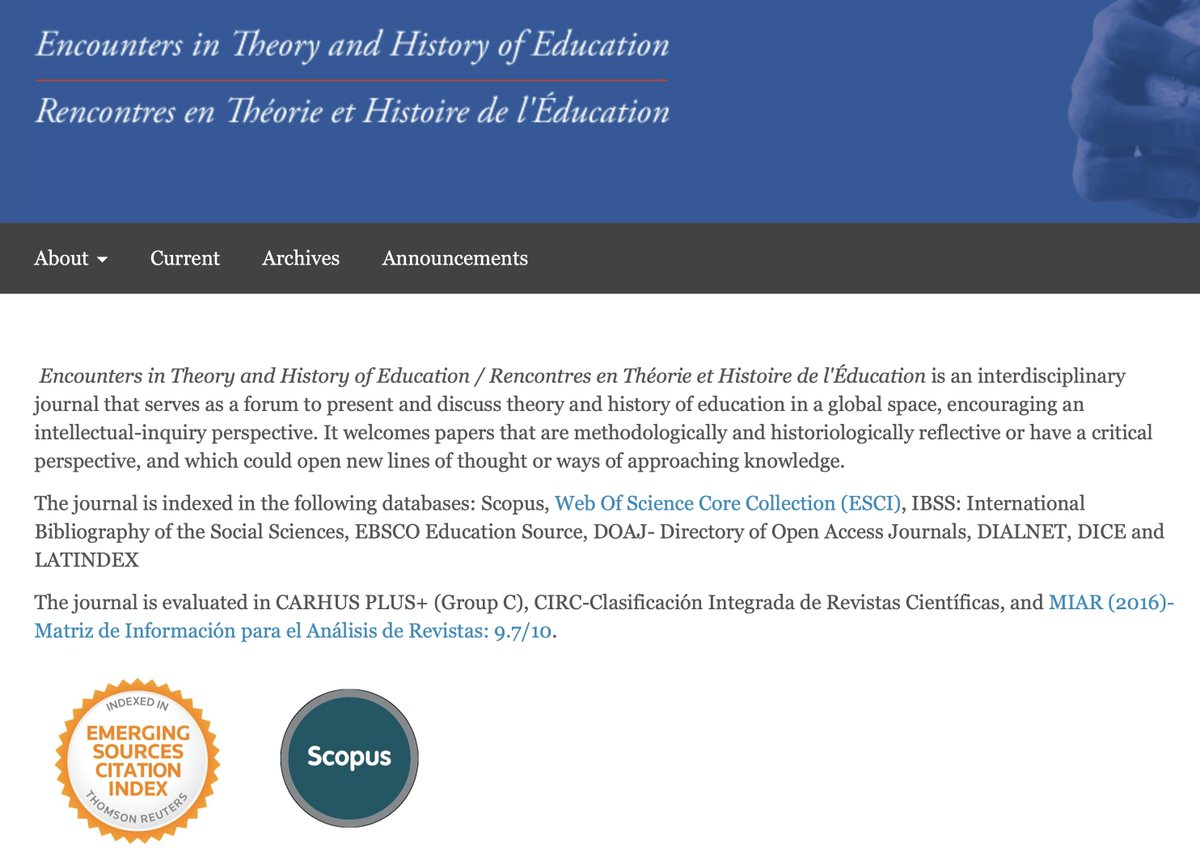 CCyPE_UCM's tweet photo. El numero de 2018 de la revista Encounters in Theory and History of Education (en cuya edición participamos desde hace años miembros de @CCyPE_UCM) 
está indexado en SCOPUS. Un paso muy importante para este proyecto editorial del que estamos orgullosos: https://t.co/dFZDW1vpqv https://t.co/rVrQOgd18R