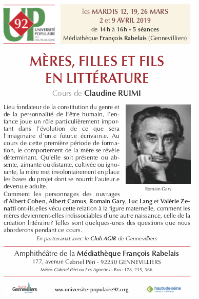 Universitepop92's tweet photo. MARDI 2 AVRIL de 14 h à 16 h
MÈRES, FILLES ET FILS EN LITTÉRATURE : Albert CAMUS
cours de Claudine RUIMI
Avec le Club AGIR de la Mairie, dans l'amphithéâtre de la
Bibliothèque François Rabelais 177 avenue Gabriel Péri Gennevilliers
#ruimi #littérature #féminisme #up92 https://t.co/QHGsFWyM8C