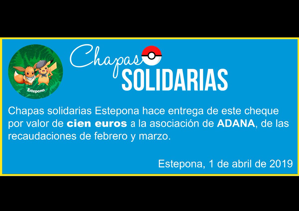 ChapaSolidarias's tweet photo. Los jugadores de pokémon Go de Estepona comienzan su andadura en el proyecto de chapas solidarias consiguiendo una donación de 100€ para @ADANAEstepona
#chapassolidarias #PokemonGO https://t.co/1UXvIHTdKX