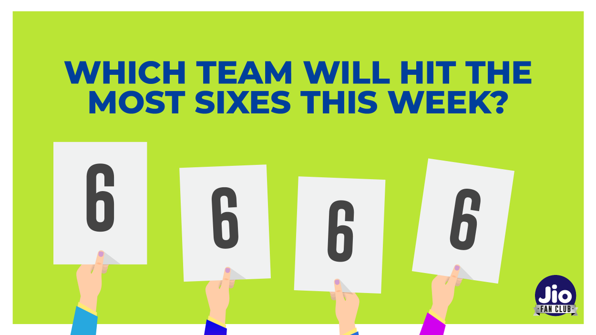 JioFanClub's tweet photo. Which team will hit the most sixes in this week? Guess the right answer and stand a chance to win a 3 month Jio recharge for free. #GuessCorrectly #GuessToWin #IPL #Cricket #IPL2019 #JioFanClubContest https://t.co/OGQgA3Yckw