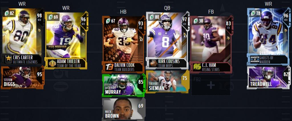 MaddenShorts's tweet photo. Minnesota Vikings Theme Team Madden 19 Ultimate Team. #Madden #Madden19 #MUT19 #MUT #NFL #MUTSeason #ThemeTeam #UltimateTeam #Football #Minnesota #Vikings https://t.co/p65y0fAvrK https://t.co/hCD7ct0s0q