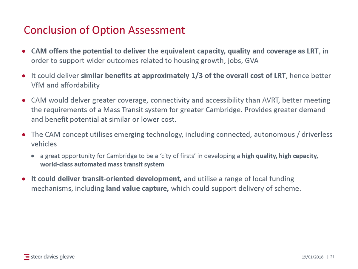 CAM was selected over light rapid transit because: CAM offers the same benefits as LRT  CAM can be delivered for 1/3 of the overall cost of LRT If either – or both – of these hypotheses can be shown to be false, then the case for this novel system falls away.