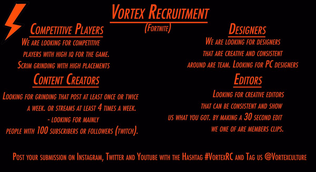 Vortexculture's tweet photo. We are looking for some of the Best of the Best!⚡️ Use #vortexrc and tag us @Vortexculture
-#fortnite #recruitment #proteam #gamingteam #vortex #vortexontop https://t.co/M6HGLNJUN9