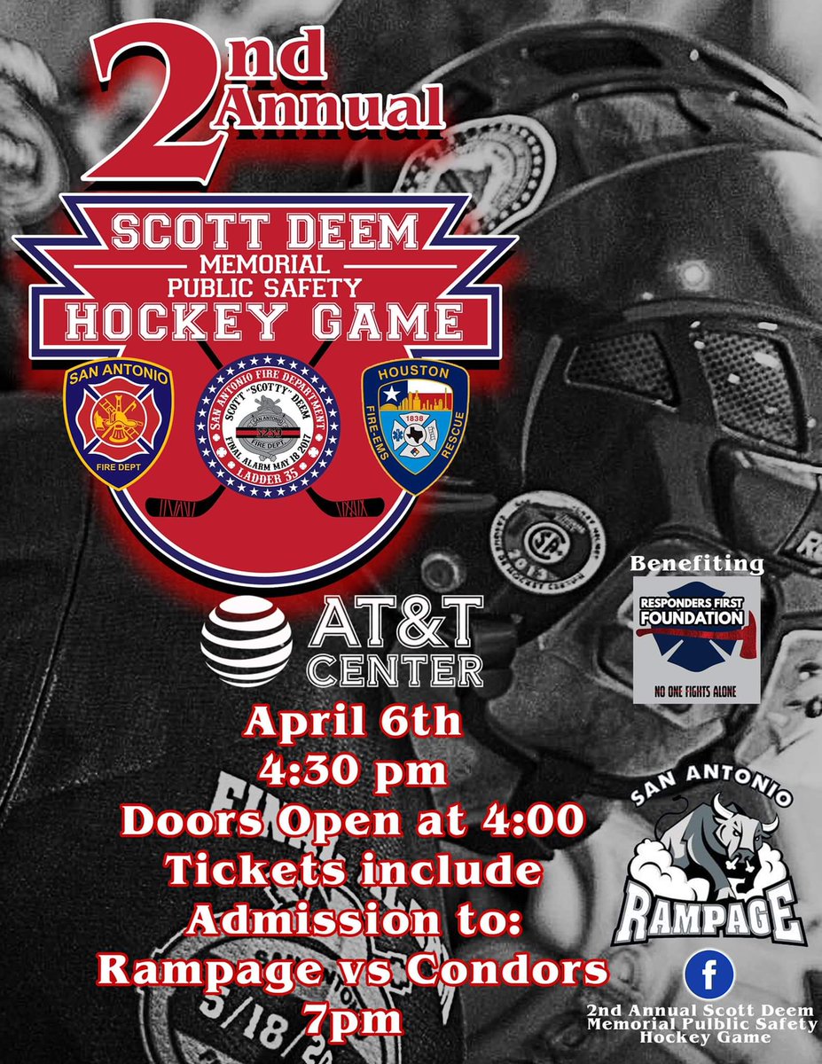 SAFD vs. HFD Benefit
Please join us for our fundraiser game prior to our San Antonio Rampage take on the Bakersfield Condors!