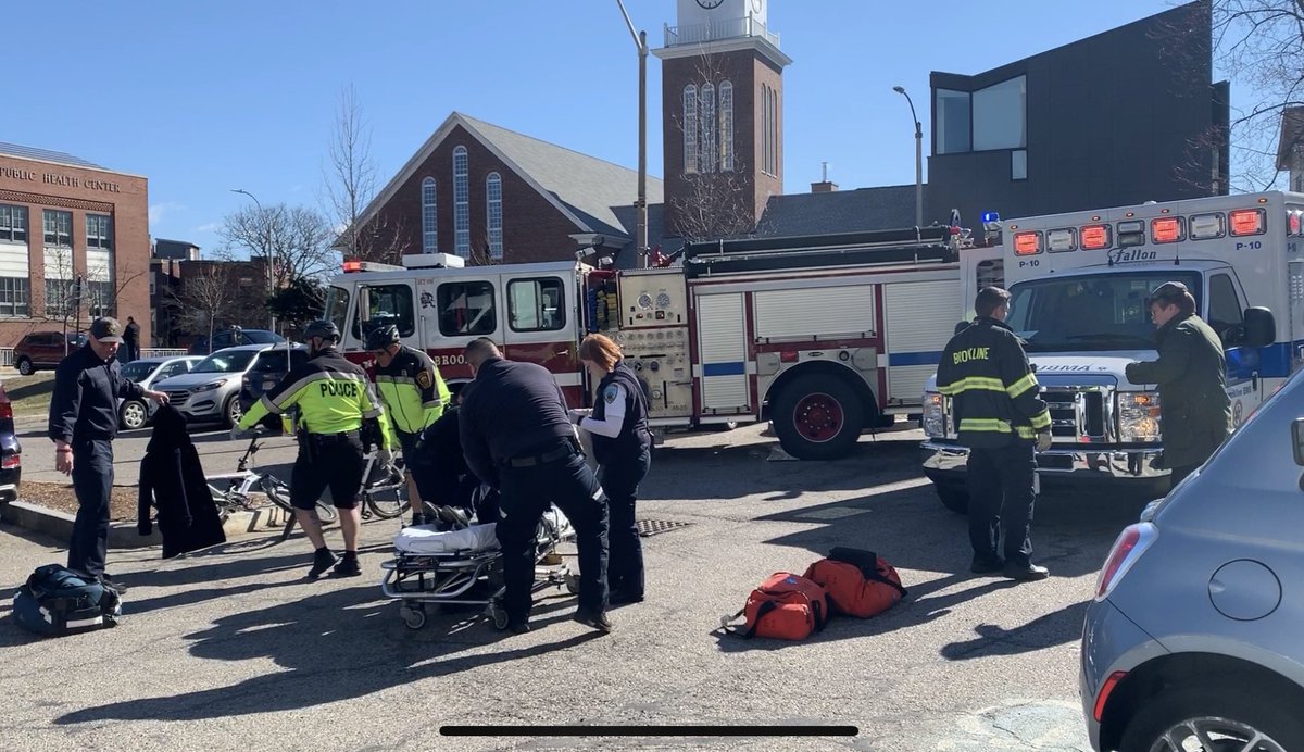 AbbeyNBCBoston's tweet photo. During the electric scooter pilot launch in Brookline - a woman fell riding one of the scooters. She was wearing a helmet. Emergency crews say she will be okay. @NBC10Boston @necn https://t.co/chN2qu0sK2
