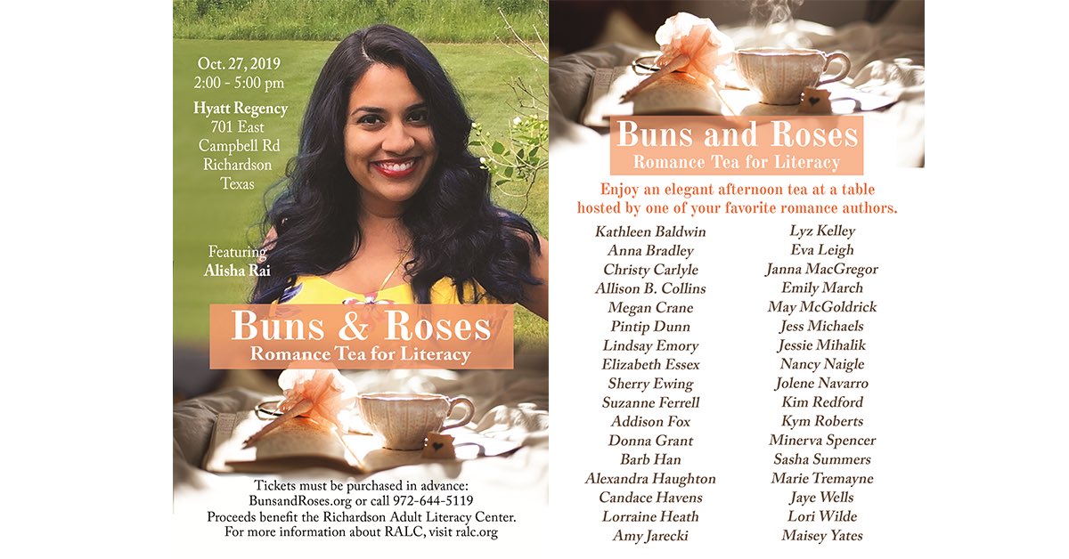 WriterAHaughton's tweet photo. Live in North Texas—or want to plan the best weekend getaway ever? Buns &amp; Roses Romance Tea for Literacy has a sweet lineup. 
Seated tea, private book signing, silent auction, the Incomparable Alisha Rai AND proceeds benefit adult literacy. 💖 
Follow @BunsAndRosesTea for more. https://t.co/5IbsmTK4mS