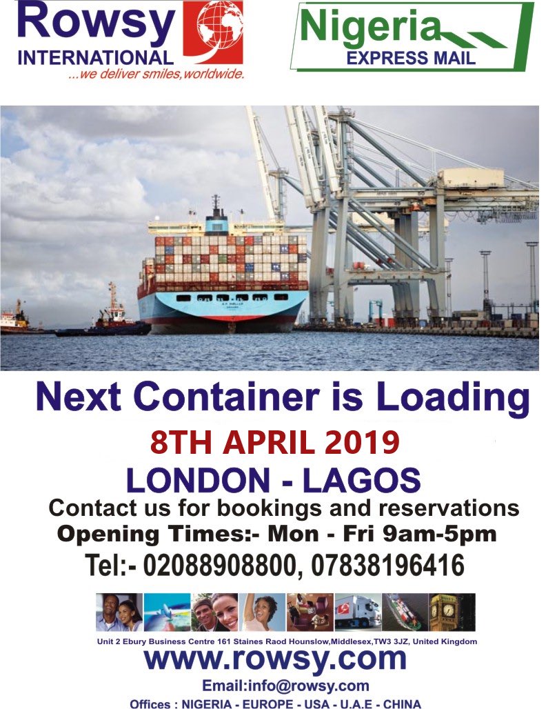 woyewole's tweet photo. Our Next consolidated container/group-age from London to Lagos is loading on the *8th of APRIL 2019* . Call 02088908800 or 07838196416 or email:- *info@rowsy.com*  to book your reservation.                                  Please feel free to share. https://t.co/Q4VqYAqYb4
