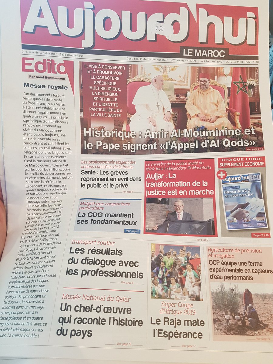 Obonnel's tweet photo. Ce lundi, la presse marocaine se fait largement l'écho de la visite du Pape François ce we, tolérance, dialogue...et statut de #jerusalem #PopeInMorocco https://t.co/M57GWvQvPT