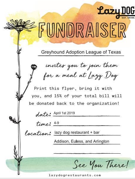 GaltxOrg's tweet photo. Today is the day! GALT gets 15% of your total bill from Lazy Dog when you present our fundraiser flyer to your server in Addison, Euless, or Arlington today between 4:00 pm & 9:00 pm. #greyhounds #Laxy Dog https://t.co/wFQIV8o5I3
