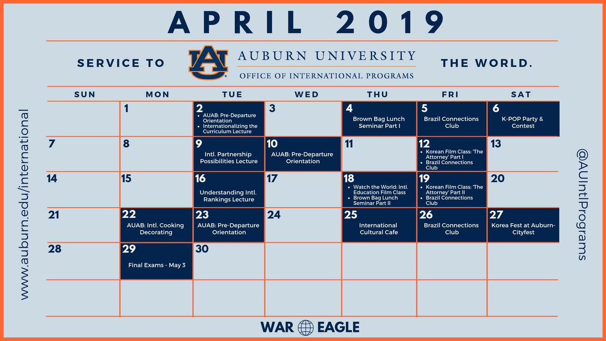 AUIntlPrograms's tweet photo. Mark your 🗓’s! There is a lot of FREE #AUOIP events &amp; programs being offered this month for @AuburnU students, faculty &amp; staff! We welcome you to join us. 🌎
•
Visit https://t.co/i38HJ8ckbb to see event details! 
•
#ServicetotheWorld #WarEagle https://t.co/7UA0FAkreN