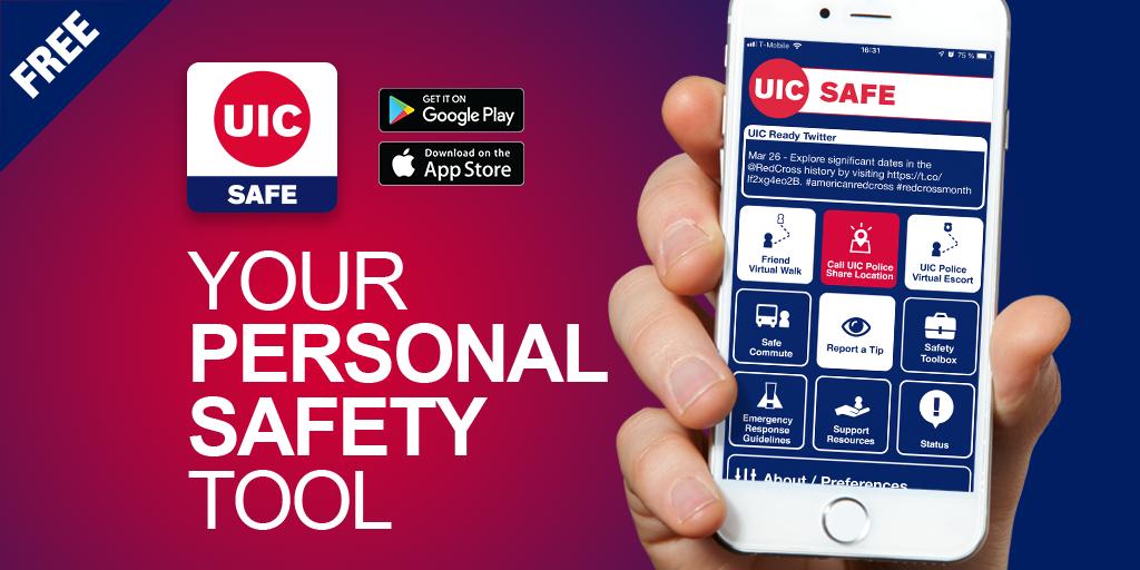 UIC SAFE, <a href="/thisisUIC/">University of Illinois Chicago</a>'s new mobile safety app, is now available for download!

#UICSAFEApp features personal safety tools like:
Tip reporting to the UICPD (text, photo, or video)
Virtual Walks: Have a friend or UICPD track your route
Access to student &amp; employee support resources